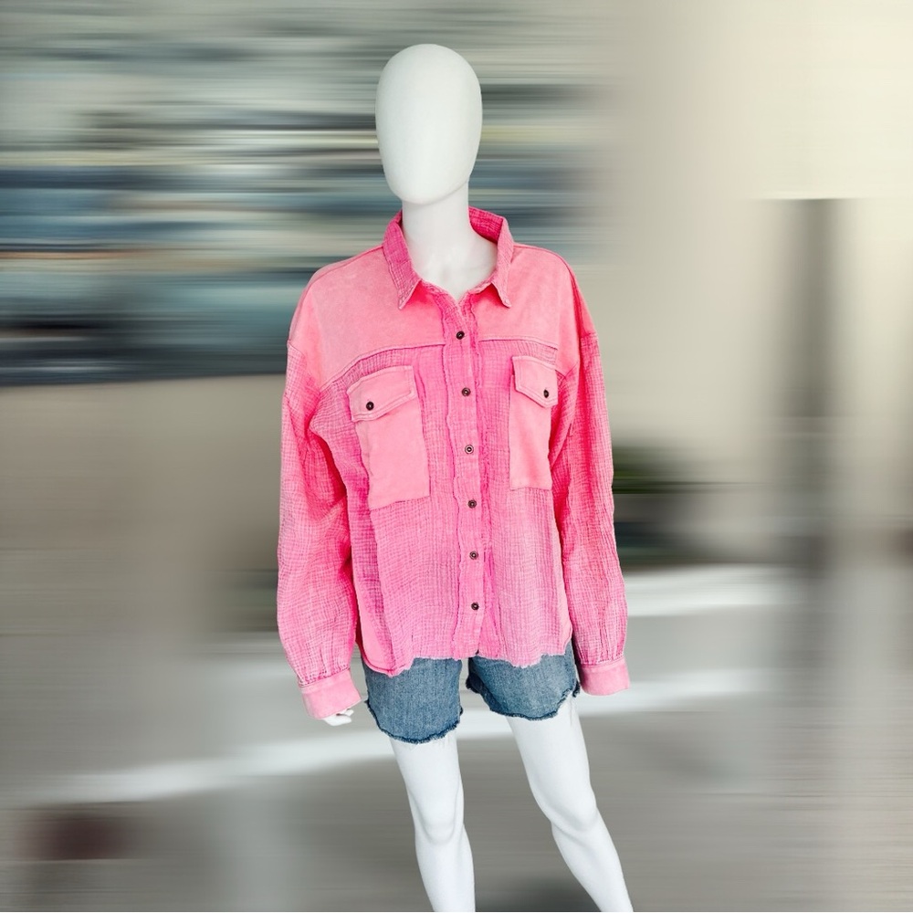 FANTASTIC FAWN oversized washed out pink button up top S M L - Picture 6 of 10
